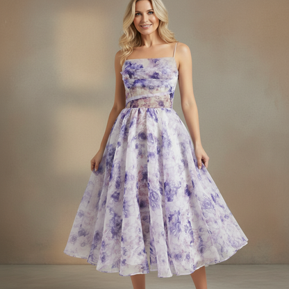 Vestido Midi Mujer Tirantes Escote Recto Falda con Vuelo Estampado