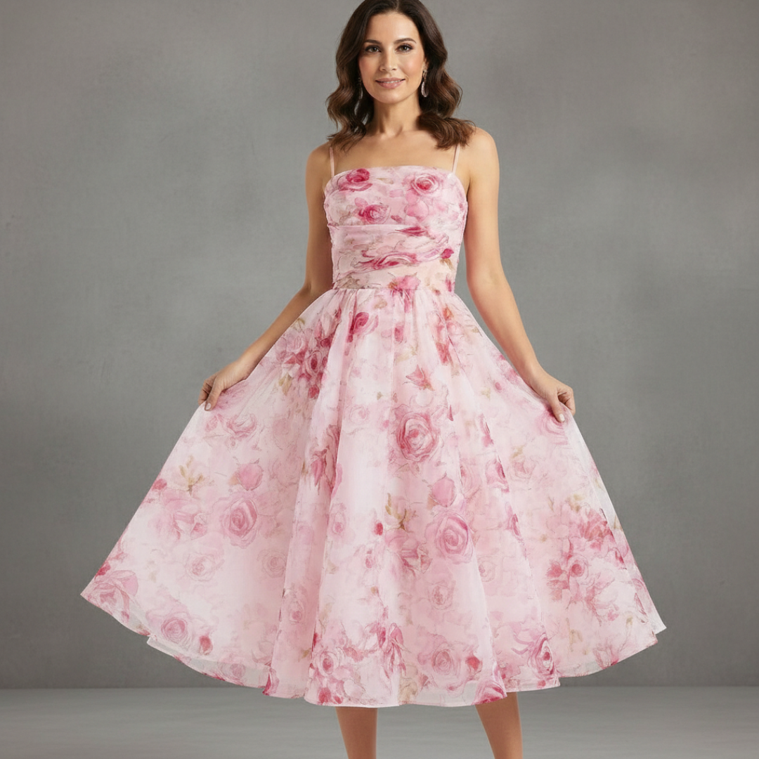 Vestido Midi Mujer Tirantes Escote Recto Falda con Vuelo Estampado