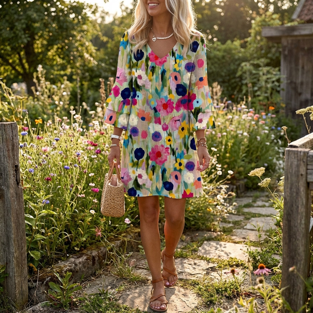 Vestido Corto Mujer Floral Escote en V Manga Volante