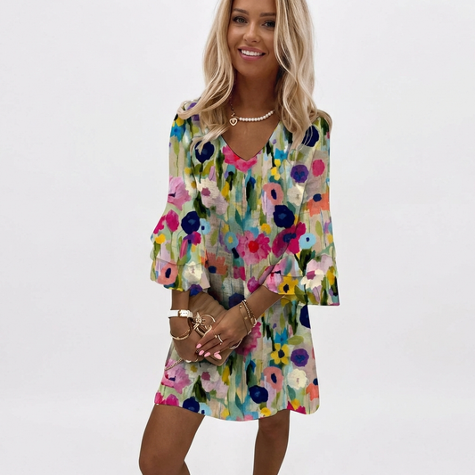 Vestido Corto Mujer Floral Escote en V Manga Volante - Mavetta