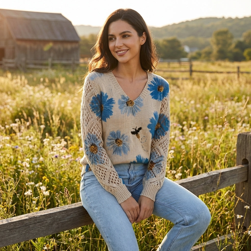 Jersey Mujer Cuello en V Floral Manga Calada