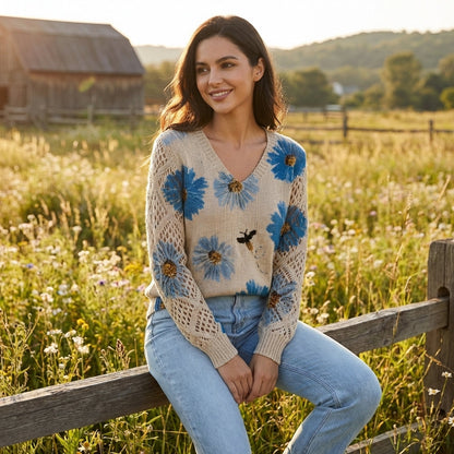 Jersey Mujer Cuello en V Floral Manga Calada