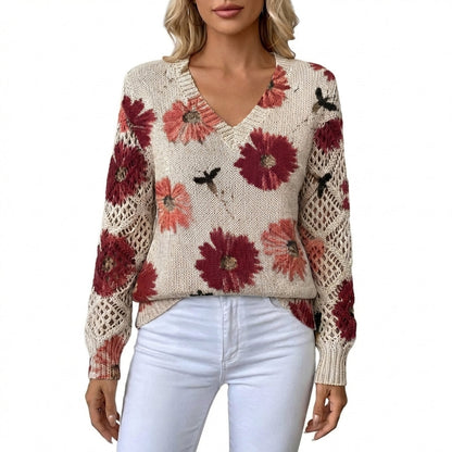 Jersey Mujer Cuello en V Floral Manga Calada