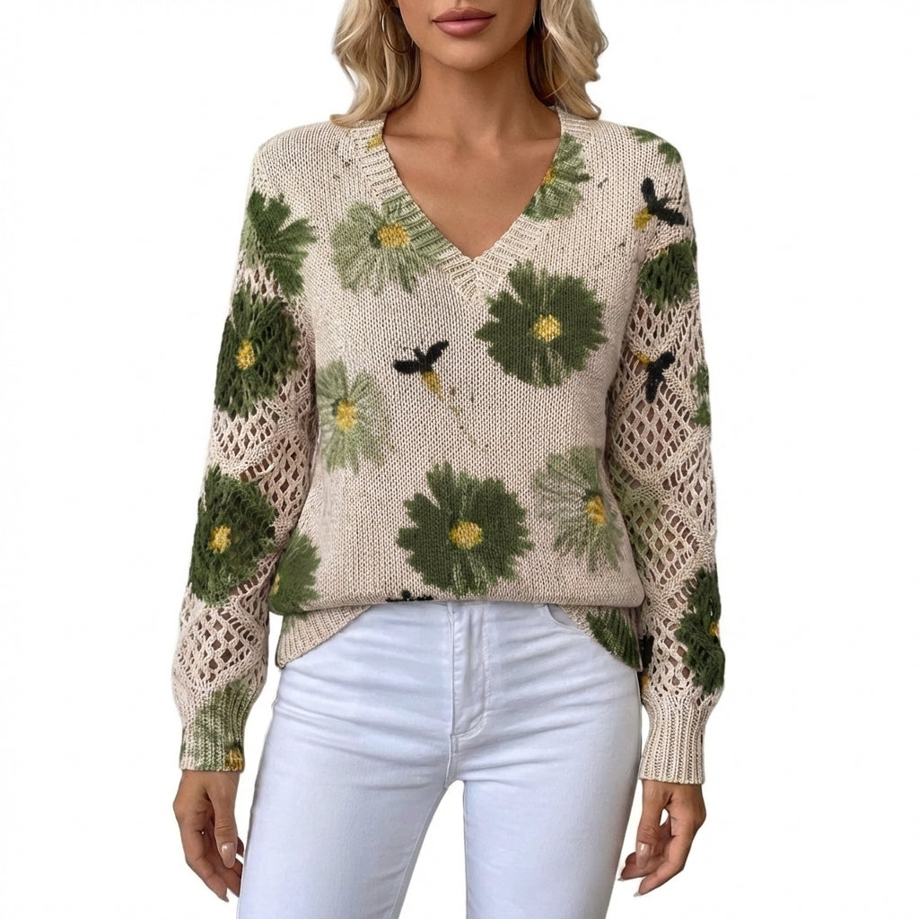 Jersey Mujer Cuello en V Floral Manga Calada
