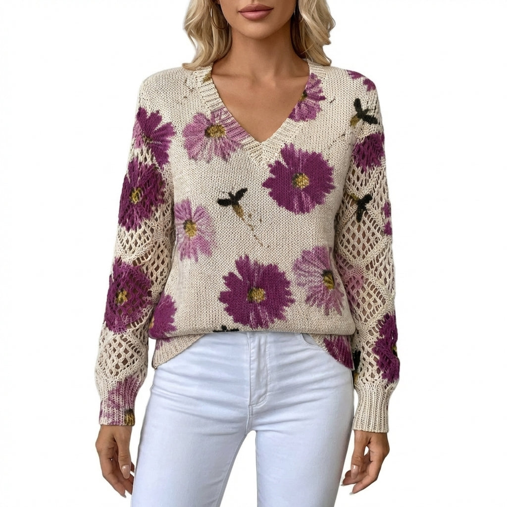Jersey Mujer Cuello en V Floral Manga Calada
