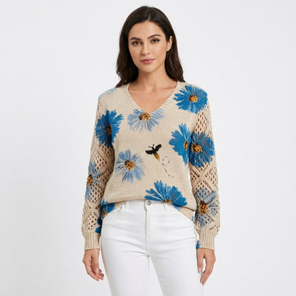 Jersey Mujer Cuello en V Floral Manga Calada - Mavetta