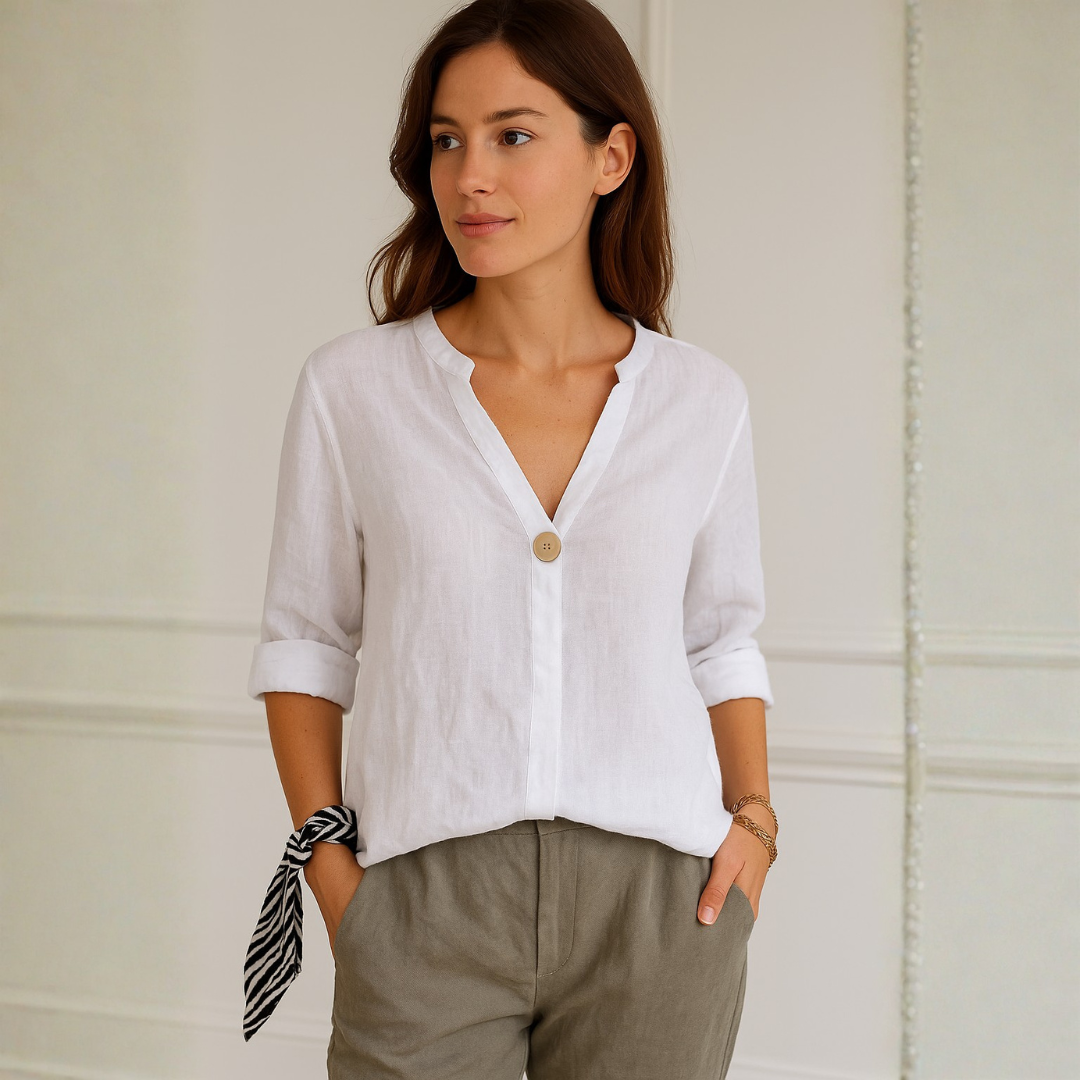 Blusa Mujer Cuello en V Botones Manga Remangada