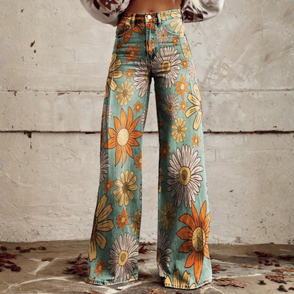Pantalones Vaqueros Mujer Estampados Flores Corte Ancho Cintura Media - Mavetta