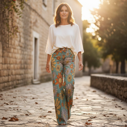 Pantalones Vaqueros Mujer Estampados Flores Corte Ancho Cintura Media