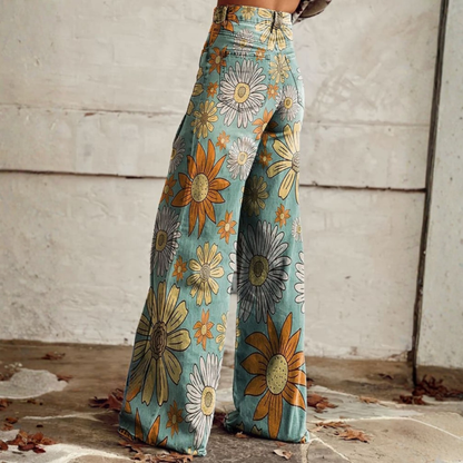 Pantalones Vaqueros Mujer Estampados Flores Corte Ancho Cintura Media
