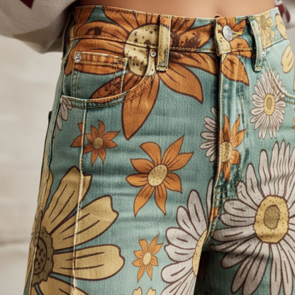 Pantalones Vaqueros Mujer Estampados Flores Corte Ancho Cintura Media