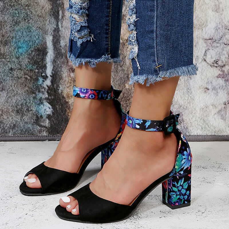 Sandalias Mujer Tacón Ancho Piel Abierta Pulsera Tobillo