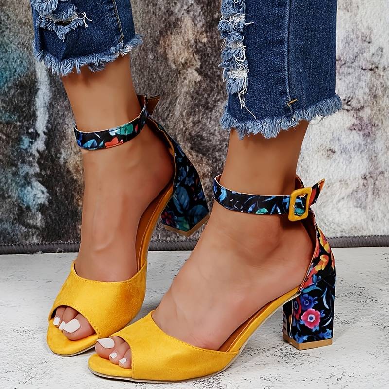 Sandalias Mujer Tacón Ancho Piel Abierta Pulsera Tobillo