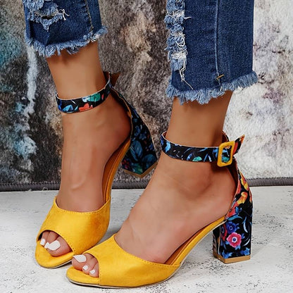 Sandalias Mujer Tacón Ancho Piel Abierta Pulsera Tobillo