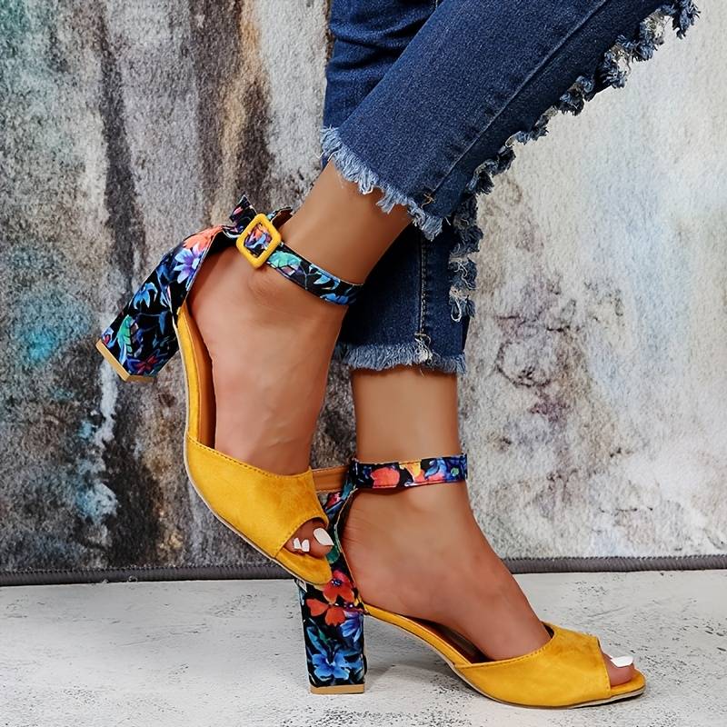 Sandalias Mujer Tacón Ancho Piel Abierta Pulsera Tobillo