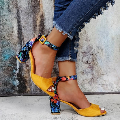 Sandalias Mujer Tacón Ancho Piel Abierta Pulsera Tobillo