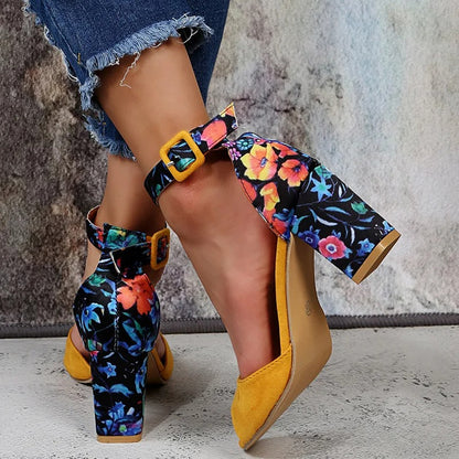 Sandalias Mujer Tacón Ancho Piel Abierta Pulsera Tobillo