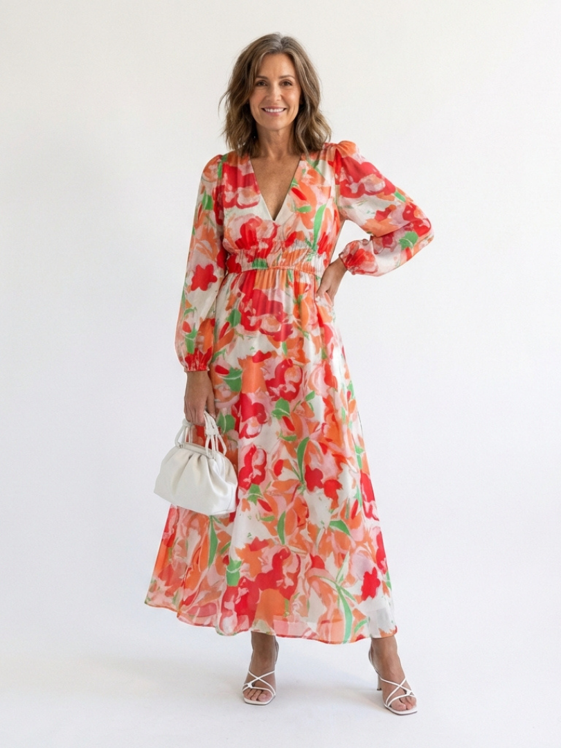 Vestido largo mujer de tela fluida manga larga primavera