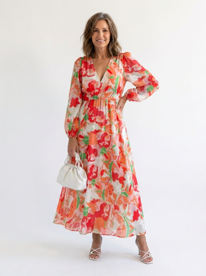 Vestido largo mujer de tela fluida manga larga primavera
