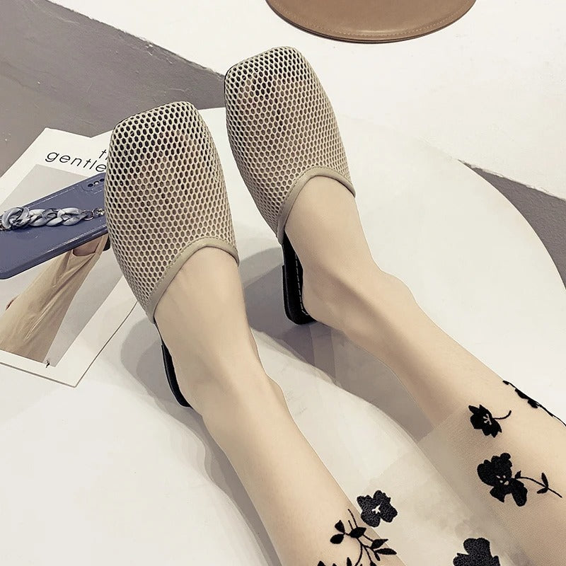 Mocasines Mujer de Malla Transparente y Punta Cuadrada