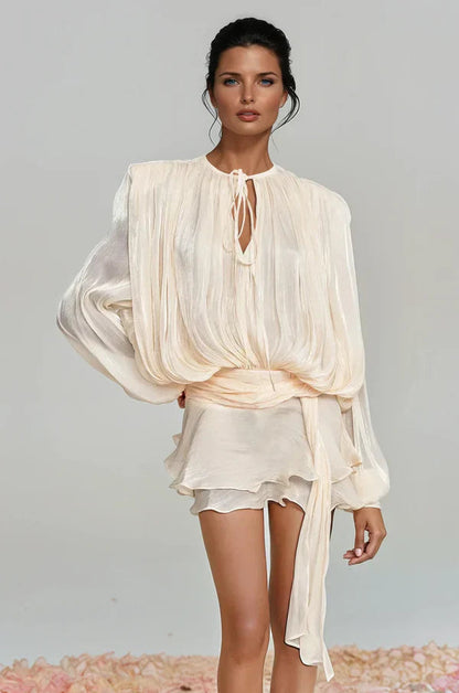Vestido Mini Mujer Elegante con Mangas Abullonadas