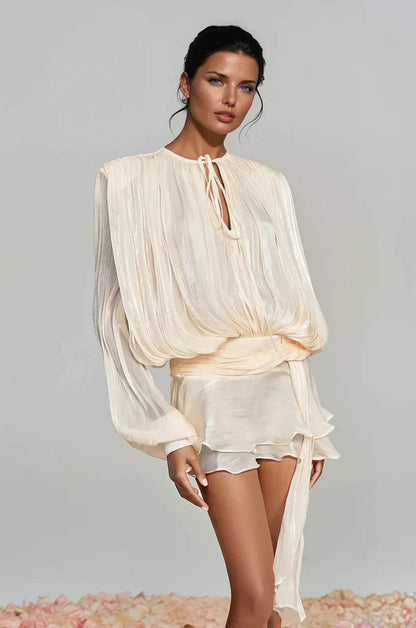 Vestido Mini Mujer Elegante con Mangas Abullonadas
