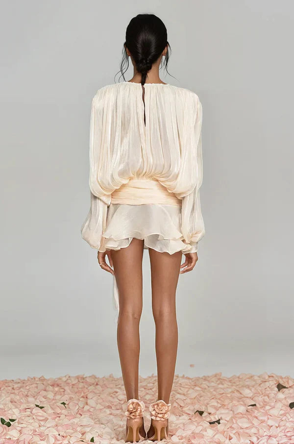 Vestido Mini Mujer Elegante con Mangas Abullonadas