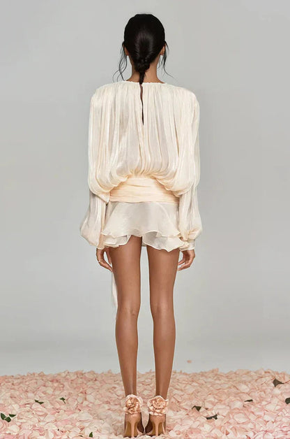 Vestido Mini Mujer Elegante con Mangas Abullonadas