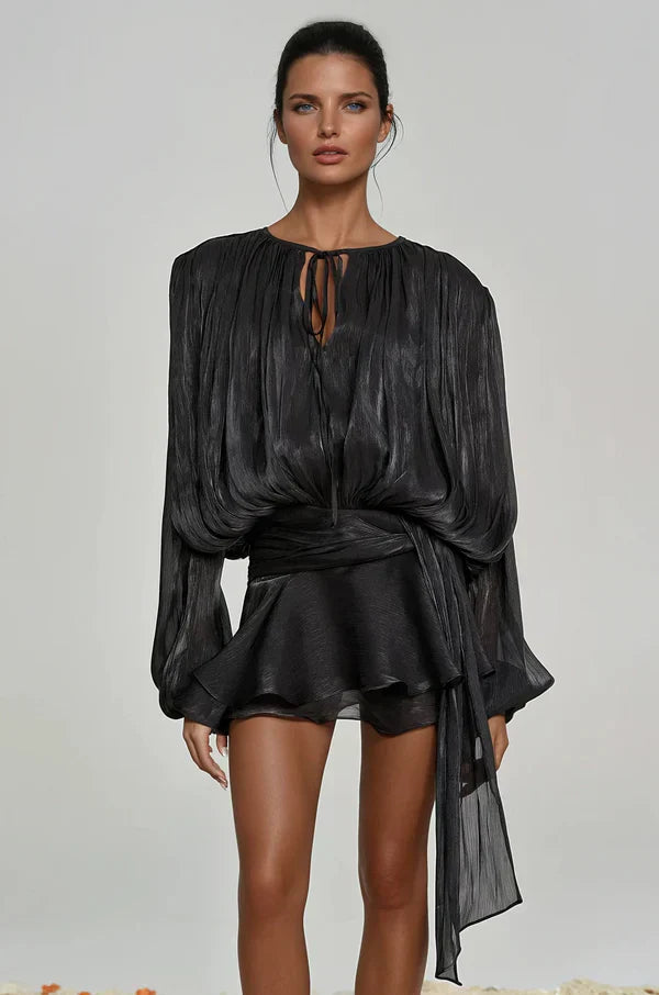 Vestido Mini Mujer Elegante con Mangas Abullonadas