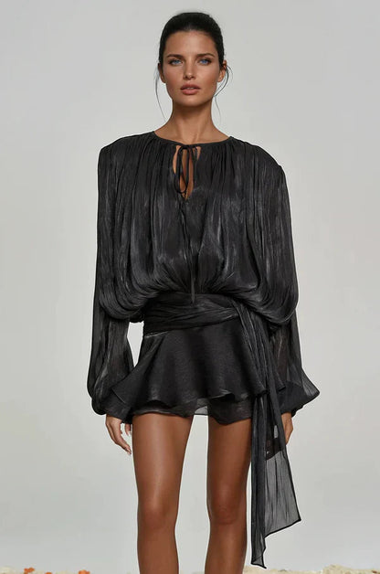 Vestido Mini Mujer Elegante con Mangas Abullonadas