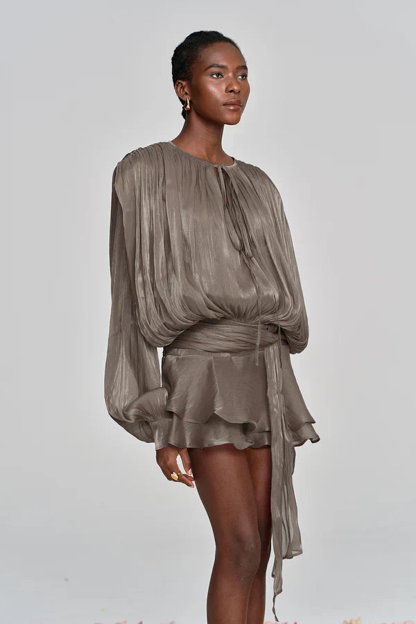 Vestido Mini Mujer Elegante con Mangas Abullonadas