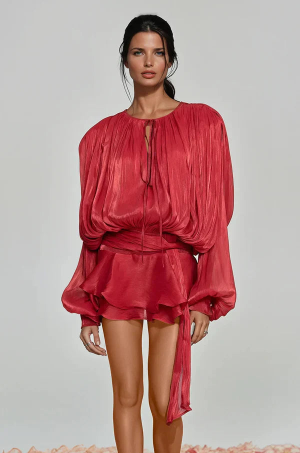 Vestido Mini Mujer Elegante con Mangas Abullonadas