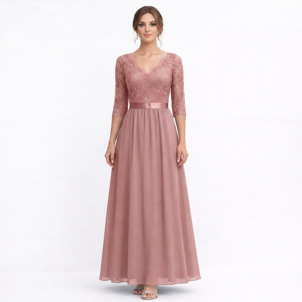 Vestido Maxi Mujer de Encaje Cuerpo Cuello en V