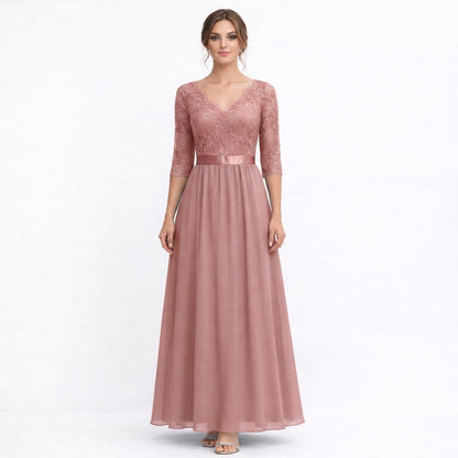 Vestido Maxi Mujer de Encaje Cuerpo Cuello en V