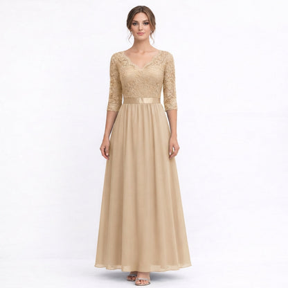 Vestido Maxi Mujer de Encaje Cuerpo Cuello en V