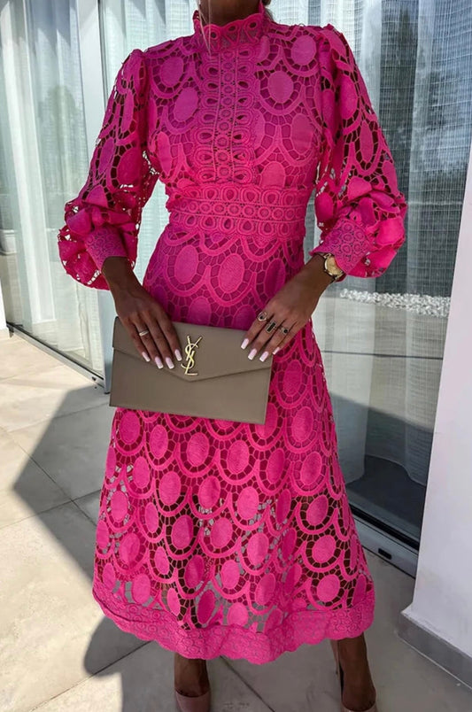 Vestido Midi Mujer de Encaje Manga Larga Elegante - Mavetta