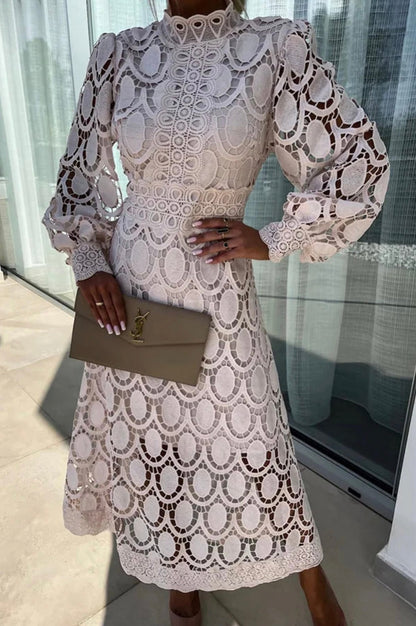 Vestido Midi Mujer de Encaje Manga Larga Elegante