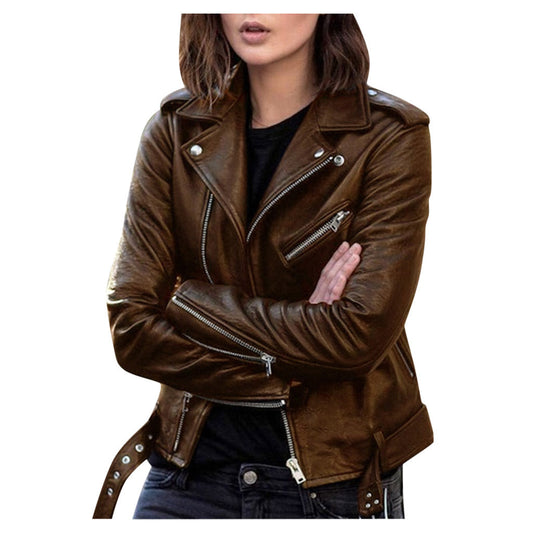 Cazadora Biker Mujer de Piel con Cremallera Estilo Casual - Mavetta