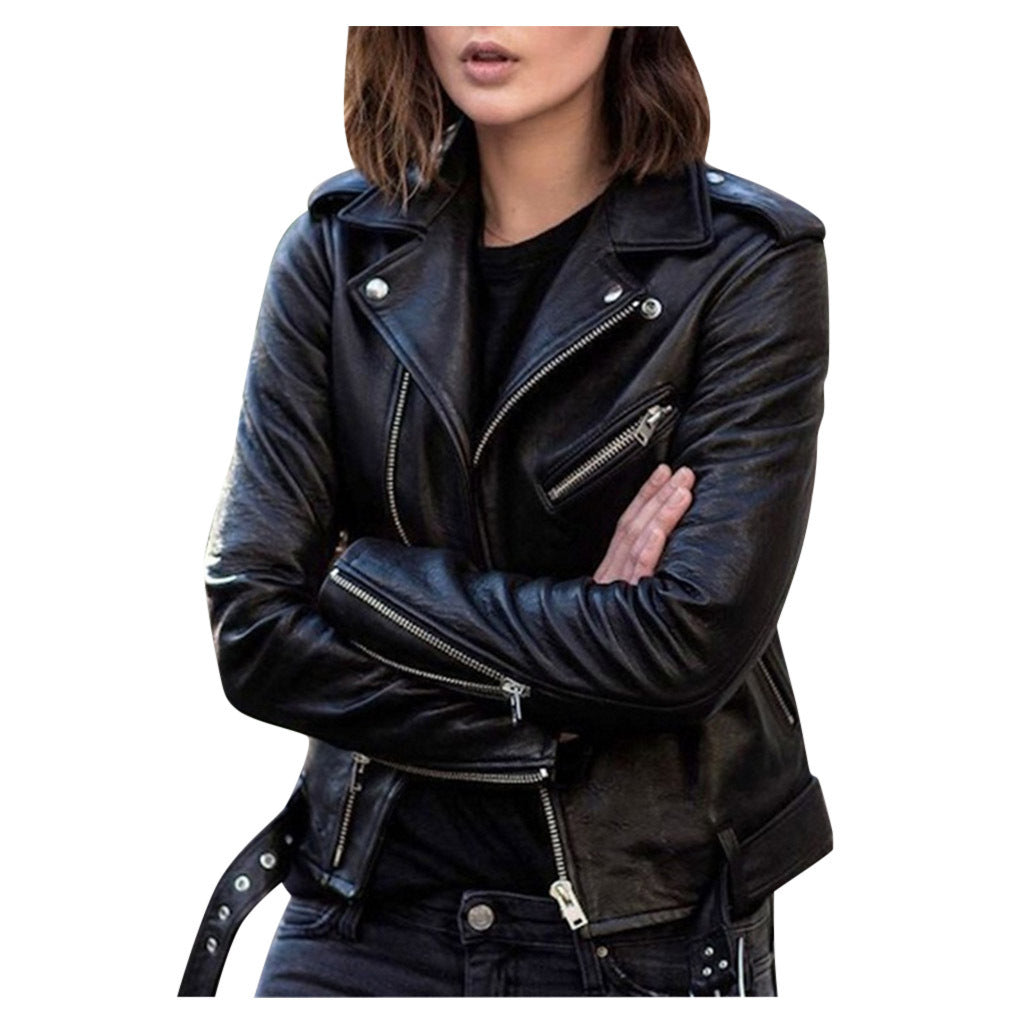 Cazadora Biker Mujer de Piel con Cremallera Estilo Casual