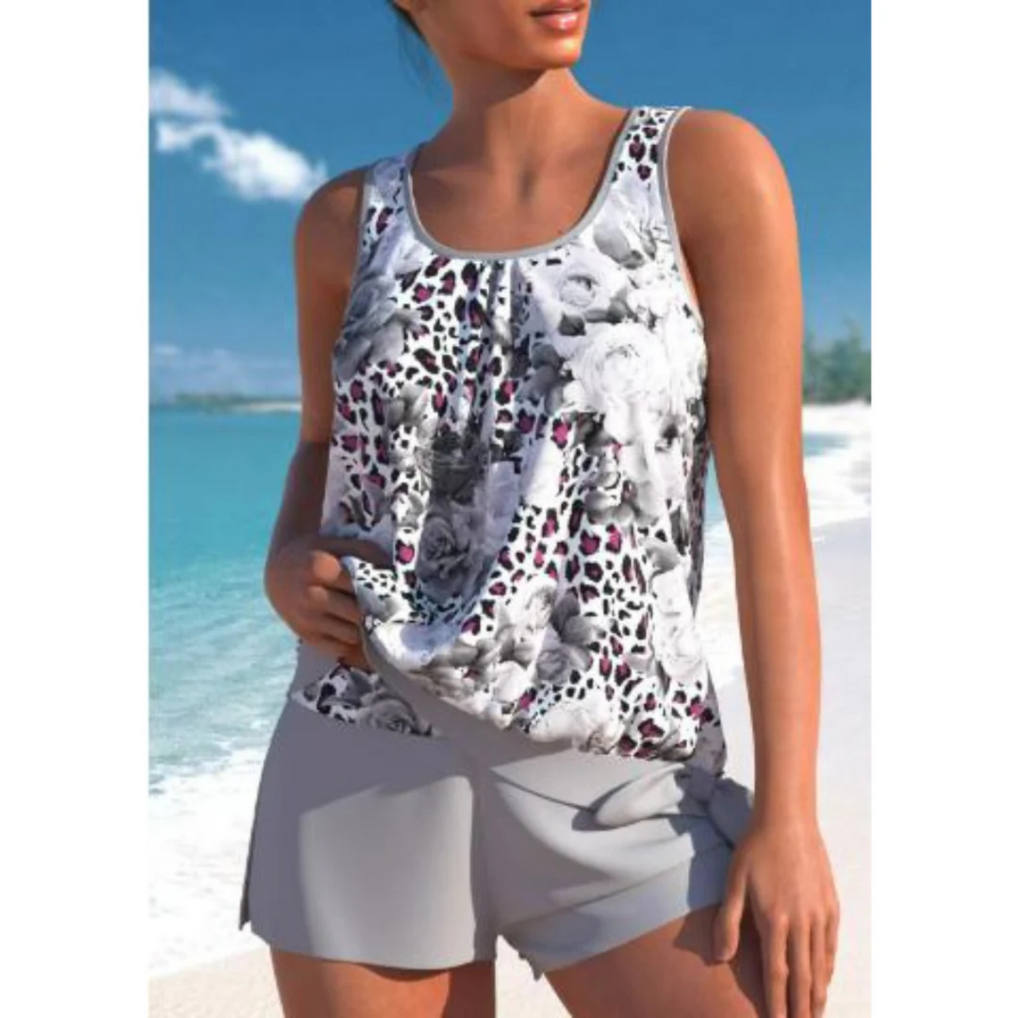 Bañador Tankini Mujer de Dos Piezas Estampado Flores Pantalón