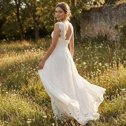 Vestido Maxi Mujer de Gasa con Corpiño de Encaje y Manga Casquillo