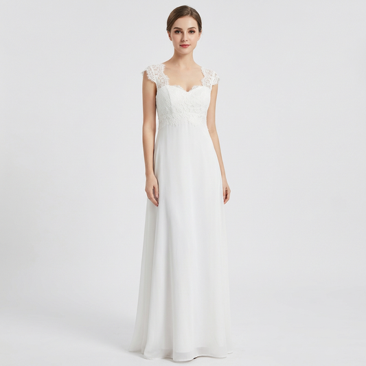 Vestido Maxi Mujer de Gasa con Corpiño de Encaje y Manga Casquillo - Mavetta