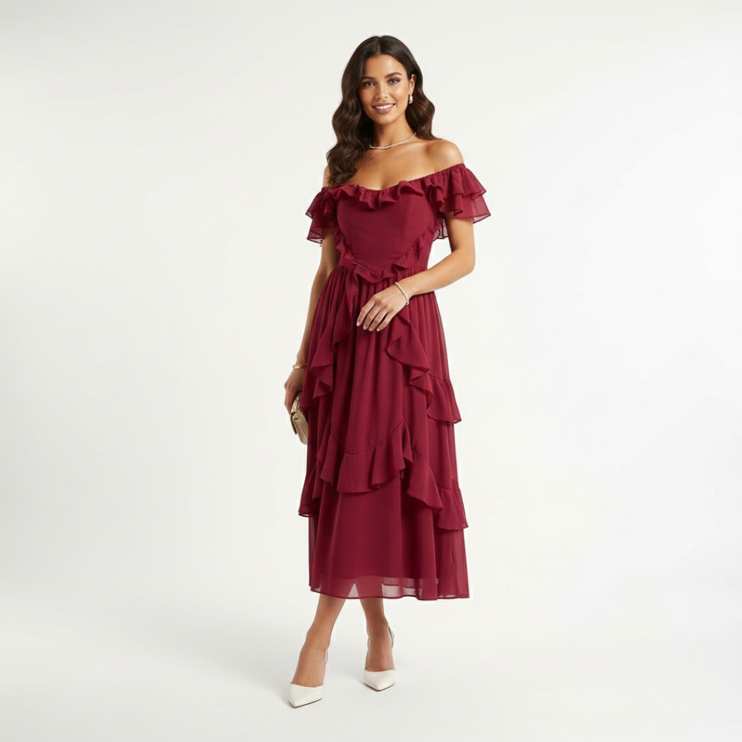 Vestido Midi Mujer Escote Bardot Volantes Falda con Vuelo - Mavetta