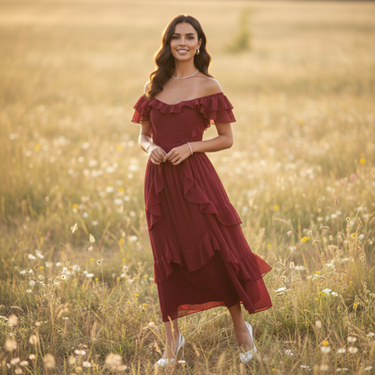 Vestido Midi Mujer Escote Bardot Volantes Falda con Vuelo