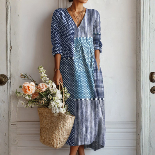 Vestido Largo Mujer de Lino Estampado Geométrico Bolsillos - Mavetta