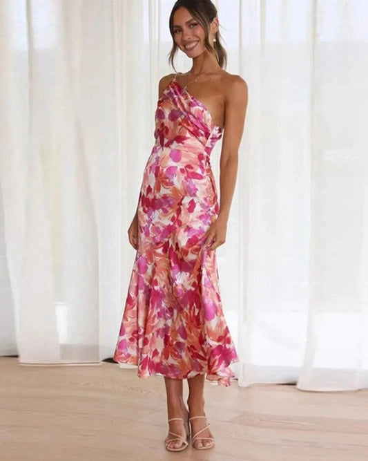 Vestido maxi mujer de verano con corte asimétrico y estampado - Mavetta