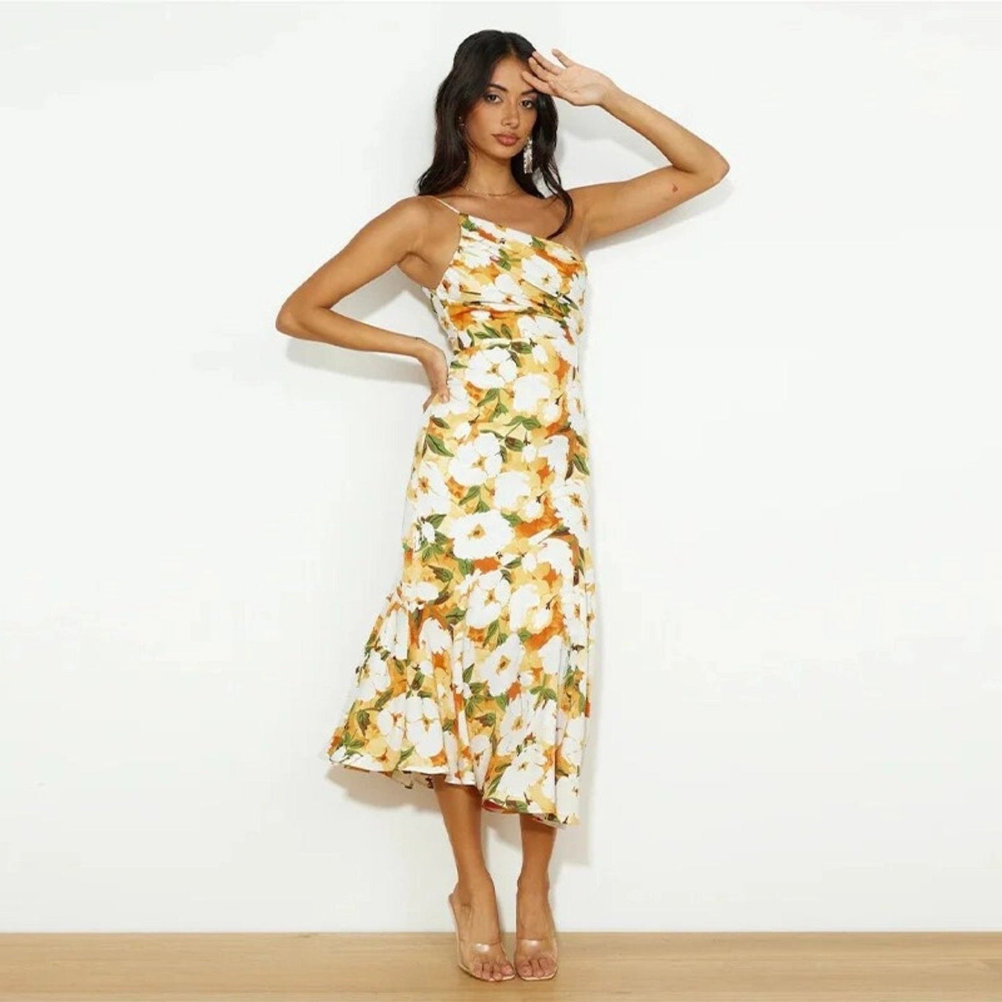 Vestido maxi mujer de verano con corte asimétrico y estampado
