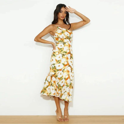 Vestido maxi mujer de verano con corte asimétrico y estampado
