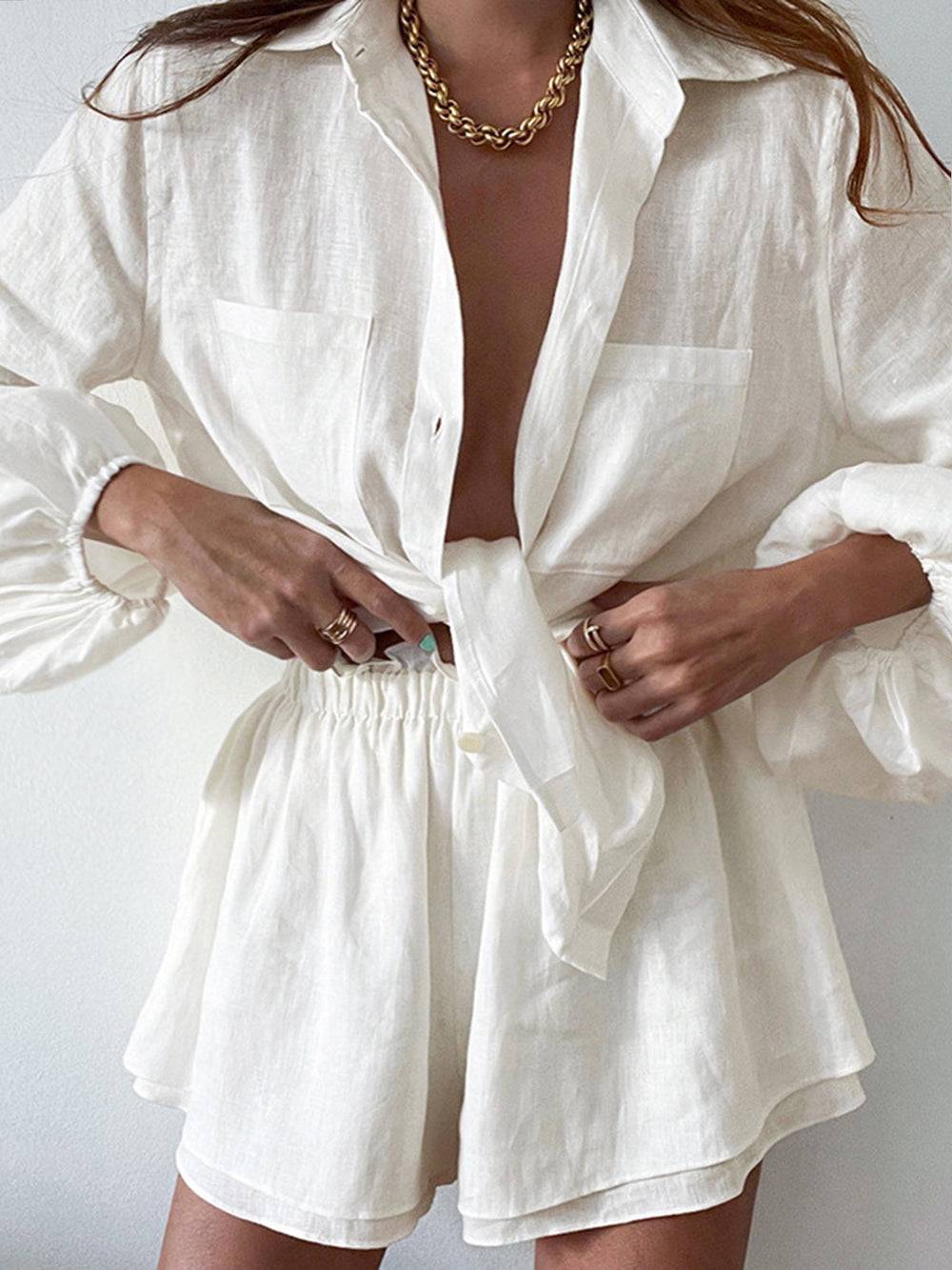 Conjunto Mujer Veraniego de Lino Blusa y Pantalón Corto - Mavetta