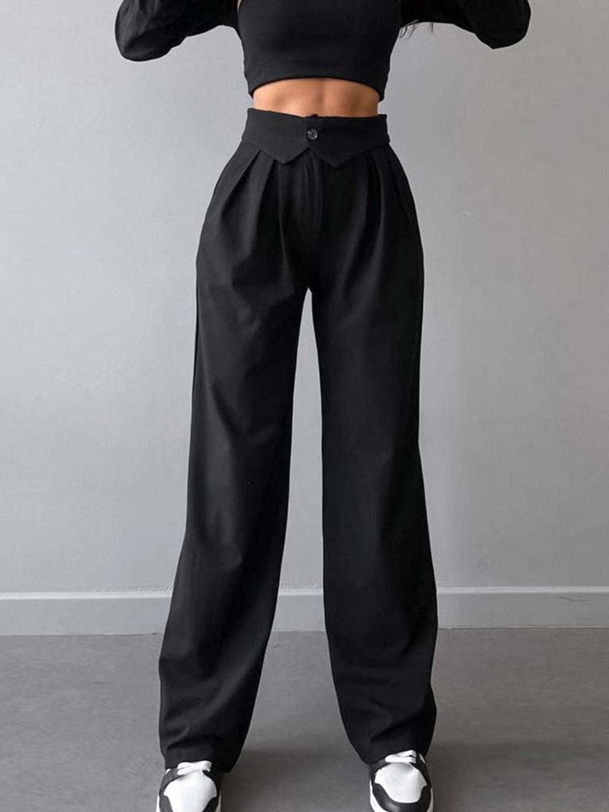 Pantalones Mujer Pierna Recta Algodón Cintura Doblada
